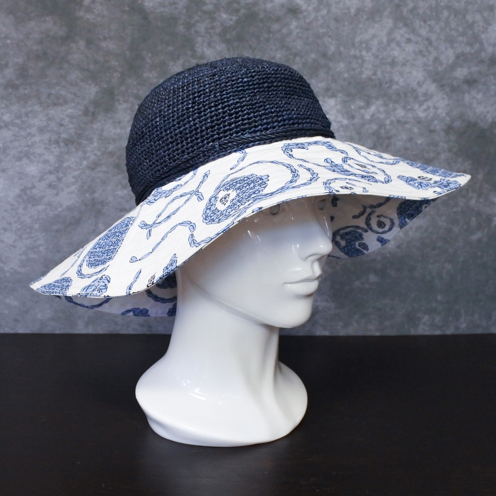 Helen Kaminski Navy Blue White Print Raffia Cotton Wide Brim Women's Sun Hat